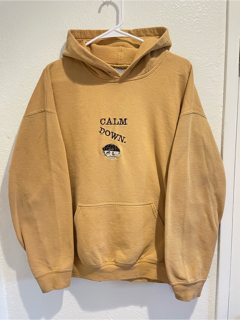 Gildan Chimchakman Calm Down Embroidered Pullover Hoodie Mustard Yellow Men's L